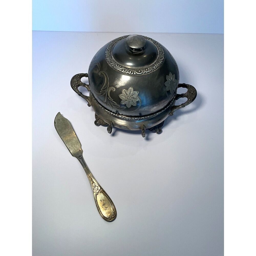 Beautiful William Rogers quadruple plated silver butter dish with insert & knife - Picture 7 of 8